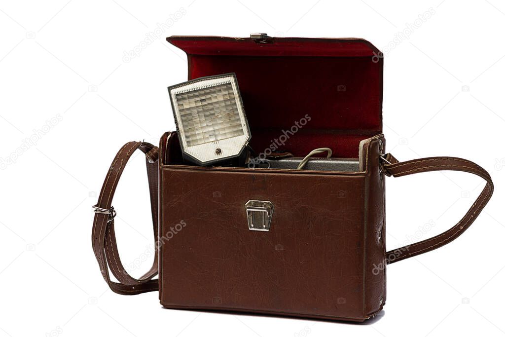 Old photographic equipment isolated on white background, can be used as background, web banner with space for text.