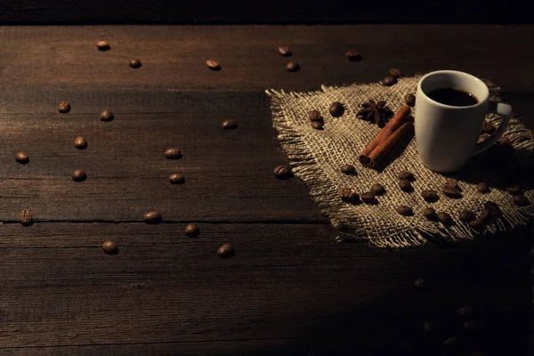 Cup Coffee Cinnamon Backing Burlap Background — Stock Photo, Image