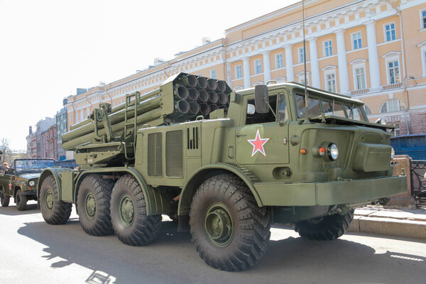 St. Petersburg, RUSSIA - May 9, 2013: Russian Tactical missile systems, multiple launch rocket systemto the Victory Parade in World War II