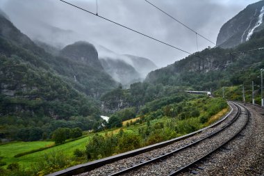 Norveç dağlarında bir tren rayının görüldüğü sisli bir sahne.