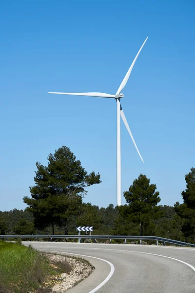 A road near ecological windmills to generate electricity in a natural environment