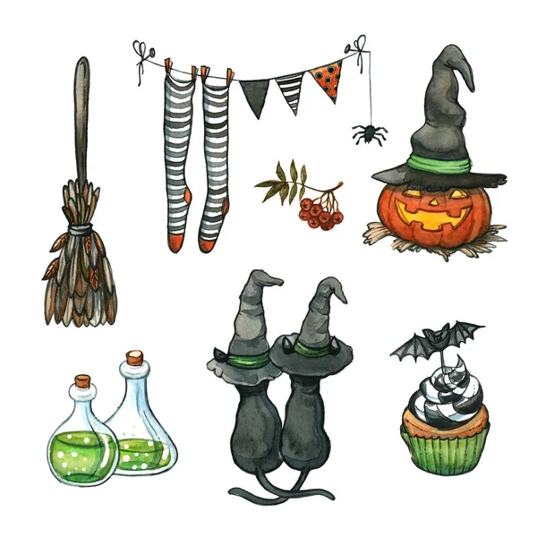 Watercolor set of striped witches stockings hanging on garland string, two black cats in hats, broom, cupcake with bat decoration and flasks with green potion — Stock Photo, Image