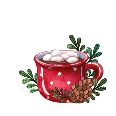 Sıcak çikolatanın suluboya çizimi, kırmızı bardakta marshmallow, benek desenli çam kozalağı ve beyaz yapraklar, noel, kızlık zarı ve kış tatili.