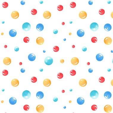 Elle çizilmiş suluboya parlak çok renkli polka noktalarından ya da beyaza izole edilmiş toplardan oluşan kusursuz bir desen. Çocuklar için arkaplan ve duvar kağıdı tasarımı
