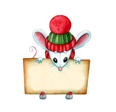 Elle çizilmiş suluboya resimli örgü şapkalı şirin küçük farenin beyaz üzerinde boş pankart tutan ponlu klipsi. Noel, yeni yıl ve kış tatili