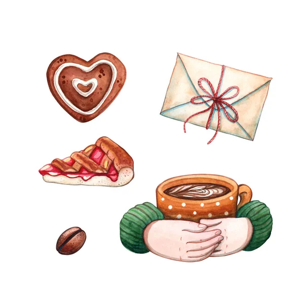 Pintado Mano Acuarela Ilustración Clip Arte Conjunto Gingerbread Forma Corazón —  Fotos de Stock