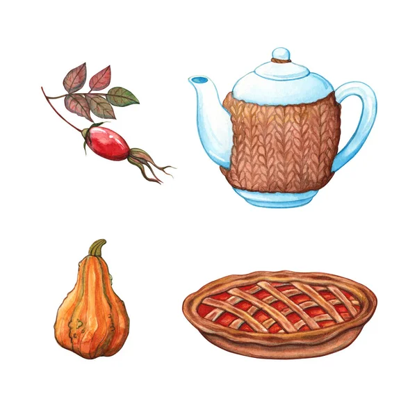 手绘水彩画 一组南瓜格子派 陶瓷茶壶与芙蓉茶和狗玫瑰浆果隔离在白色 食物及饮品设计元素 — 图库照片