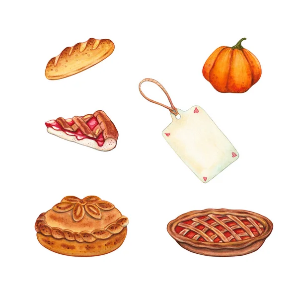 手工绘制的南瓜 馅饼和面包的秋天水彩画 空白纸标签与白色隔离 烘焙和糕点设计要素 — 图库照片