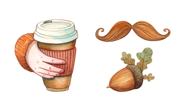 水彩画一套男手拿着一杯外卖咖啡杯 八角和橡果隔离在白色上 秋天和饮料的设计元素 — 图库照片
