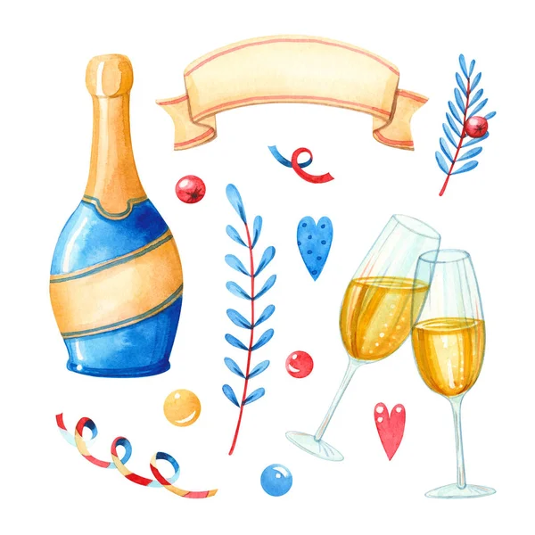 Ručně Kreslený Akvarel Ilustrační Kliparty Sada Sklenic Šampaňské Láhev Banner — Stock fotografie