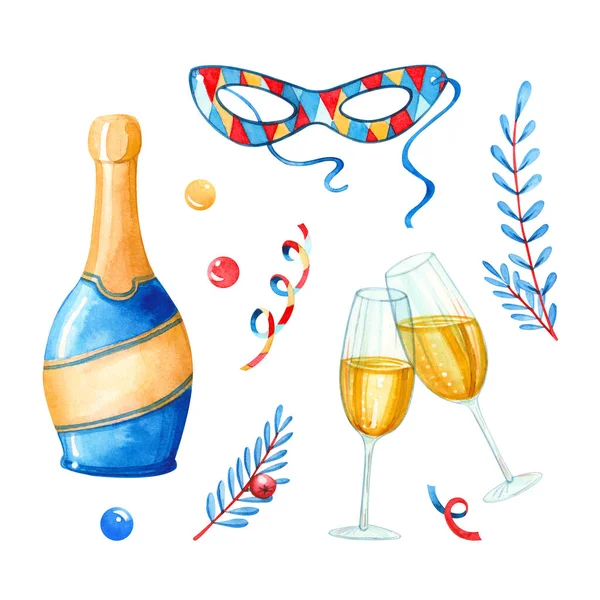 Illustrazione Acquerello Disegnato Mano Clipart Set Bicchieri Champagne Bottiglia Maschera — Foto Stock