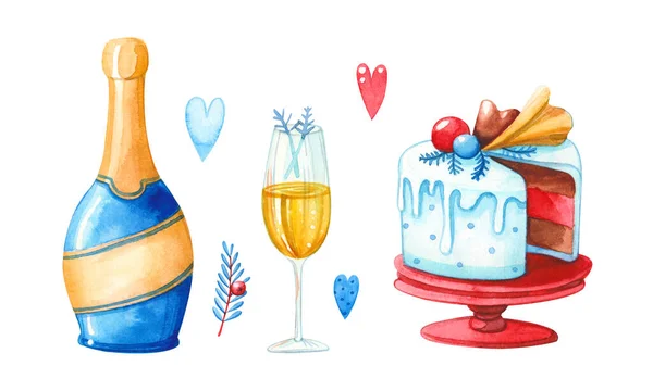 Handritad Akvarell Illustration Clipart Uppsättning Champagne Glas Flaska Och Lager — Stockfoto