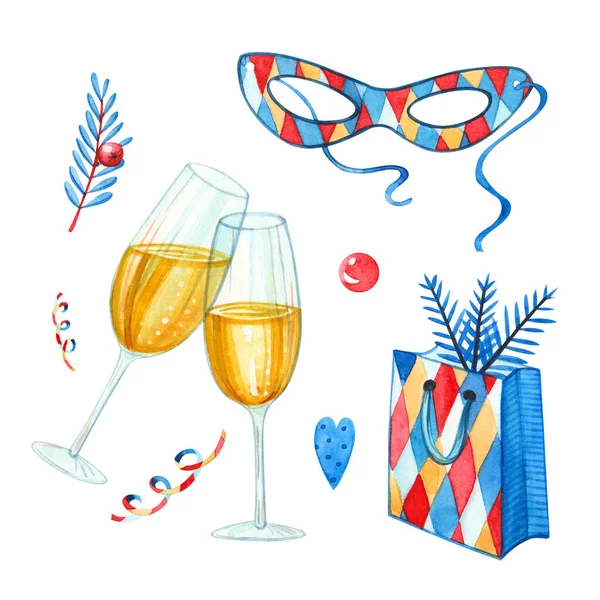 Met Hand Getekend Aquarel Illustratie Clipart Set Van Champagne Glazen — Stockfoto