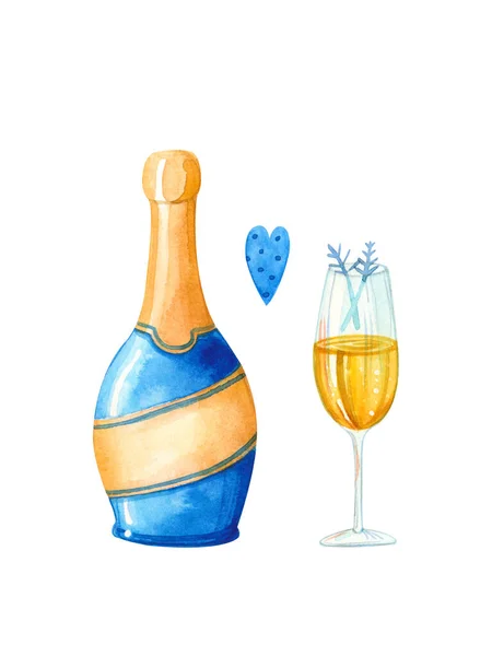 Disegno Mano Acquerello Illustrazione Clipart Bottiglia Champagne Con Etichetta Vuota — Foto Stock