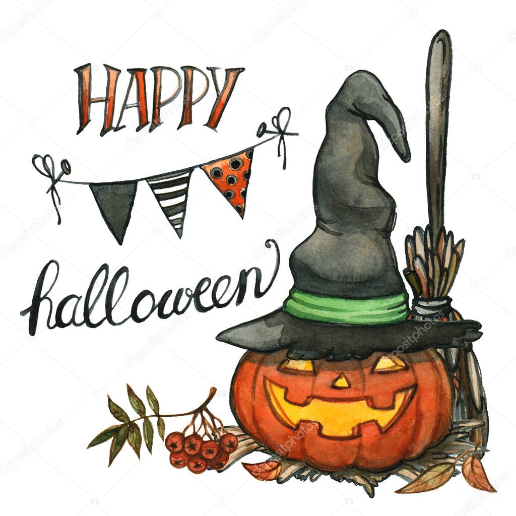 hand drawn watercolor illustration of jack o lantern or carved pumpkin on hay in black witches hat with broom, garland and happy halloween lettering - greeting and autumn holidays concept