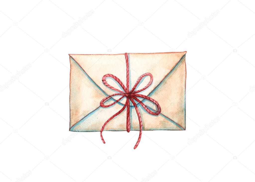 hand drawn watercolor illustration of message in vintage paper envelope or letter tied up by lace with bow isolated on white. Mail delivery and postal concept