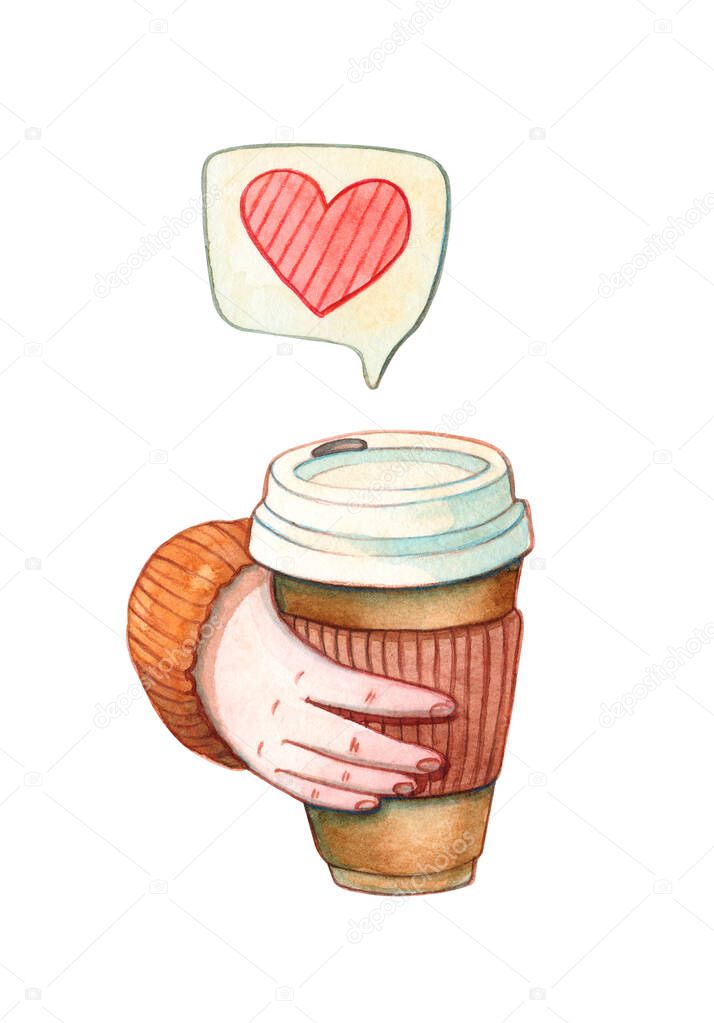 illustration of hand holding takeaway coffee cup with heart doodle isolated on white. Hot drinks, valentines day and love