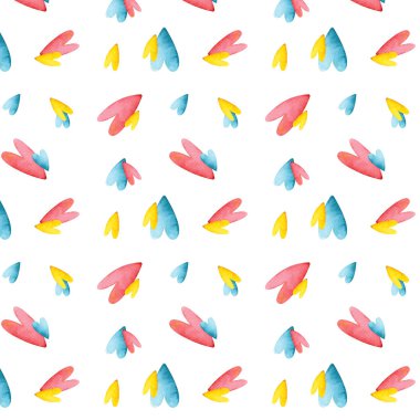 Elle çizilmiş suluboya sevgililer günü beyaza izole edilmiş çok renkli kalplerin kusursuz deseni. Desen, arkaplan ve duvar kağıdı tasarımı