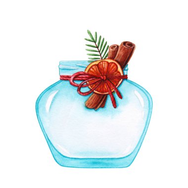 Kurutulmuş portakal dilimi, tarçın çubuğu, köknar dalı ve beyaz arka planda yaylı boş cam mason kavanozunun elle çizilmiş suluboya çizimi. Noel ve kış tatili tasarım elementi