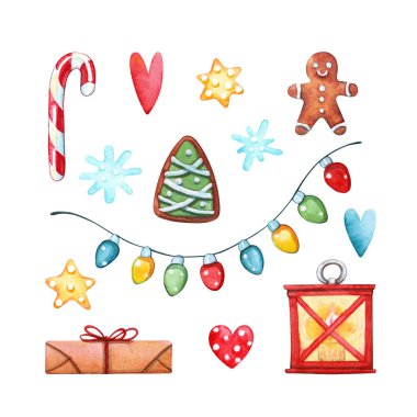 Elle çizilmiş suluboya resimli zencefilli kek, yanan fener, ampullü çelenk teli, şeker kamışı ve beyaz üzerine izole edilmiş noel hediyesi. Kış tatili tasarım elementleri