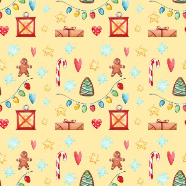 El yapımı suluboya, dikişsiz zencefilli çörek, yanan fener, ampullü çelenk teli, şeker kamışı ve sarı arka planda izole edilmiş noel hediyesi. Kış tatili tasarım elementleri