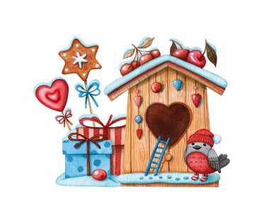 Elle çizilmiş suluboya resimli, ispinoz kuşlu ahşap kuş yuvası seti, karla kaplı çatısı olan böğürtlen, beyaz arka planda hediyeler ve tatlılar. Noel ve kış tatili