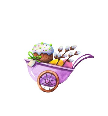 Üzerinde isim etiketi, renkli yumurtalar, beyaz arka planda mor el arabasıyla söğüt dalları olan buzlu paskalya pastası elle çizilmiş suluboya çizimi. Gelenek, ikram ve bahar tatili