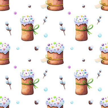 Paskalya pastalarının ve beyaz arka planda izole edilmiş söğüt dallarının dikişsiz desenleri elle çizilmiş. Tatil, tasarım elementleri ve bahar