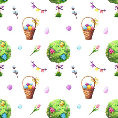 Hasır sepetteki renksiz paskalya yumurtalarının elle çizilmiş suluboya deseni, dekoratif ağaç, söğüt dalları ve beyaz arka planda izole lale çiçekleri. Tatil, tasarım elementleri ve bahar