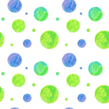 Beyaz üzerine izole edilmiş parlak yeşil ve mavi renkli polka noktalarından ya da dairelerden oluşan pürüzsüz bir desen çizildi. Çocuklar, çocuklar, tekstil ve duvar kağıdı tasarımı için arkaplan