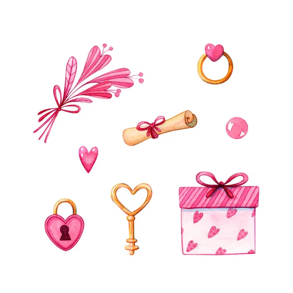 手描きの水彩ピンクのイラストがハート型の鍵とギフトボックスと花が白い上に隔離されています 愛の概念とバレンタインデーのデザイン要素 — ストック写真