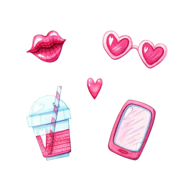 手绘水彩画一套粉红色的智能手机 光滑的嘴唇 鸡尾酒和心形眼镜 白色隔离 爱情与情人节设计元素 — 图库照片