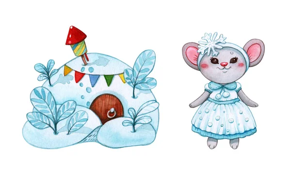 Hand drawn watercolor illustration clipart set of mouse girl in carnival costume of snowflake and snow covered hole isolated on white. Christmas, new year and winter holidays elements