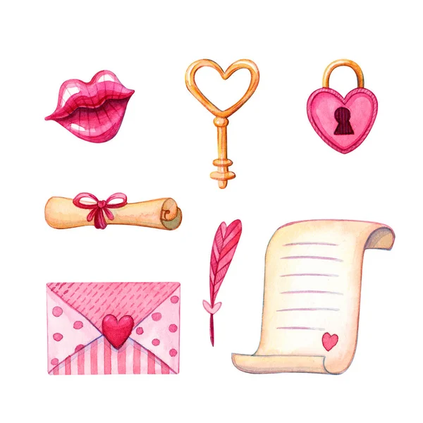 手描きの水彩ピンクのイラストセットハート型のロック ゴールデンキー ラブメッセージスクロール 手紙と白い背景の女性の唇 バレンタインデーのデザイン要素 — ストック写真