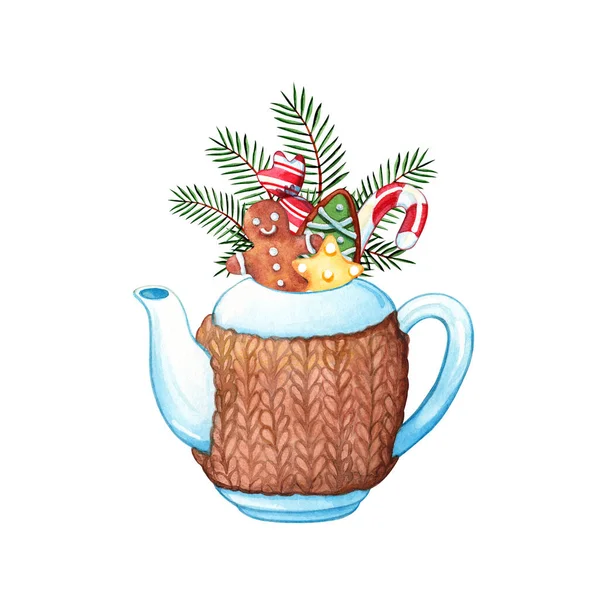 手绘茶壶水彩画 用褐色针织温暖的茶壶 镶满了圣诞糖果和冷杉树枝 白色背景隔离 冬季和假日概念 — 图库照片