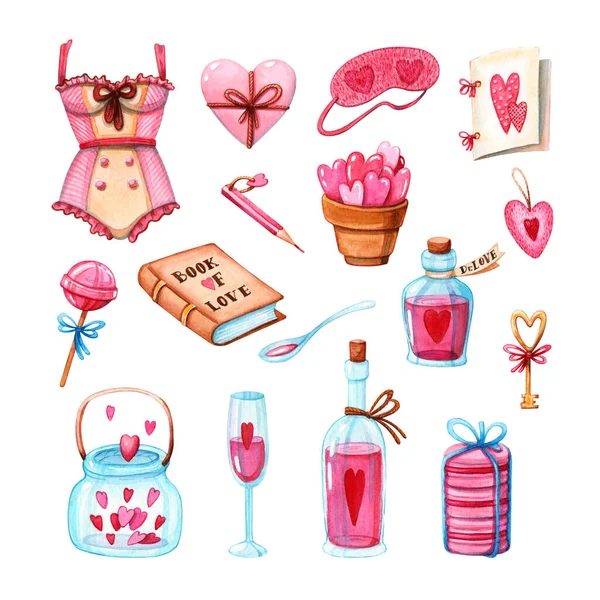 手绘粉红的一组不同的设计元素 用于在白色背景上隔离的贴纸或剪贴簿 情人节和水彩画概念 — 图库照片