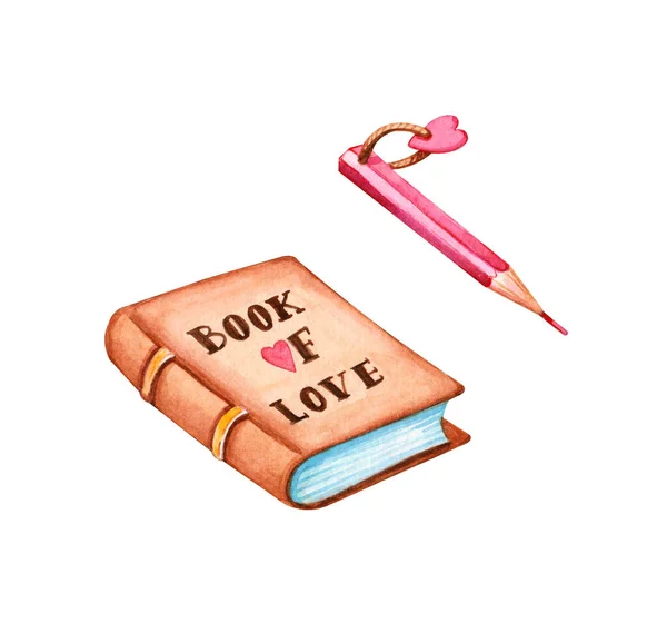 hand drawn book of love and pink pencil with charm isolated on white background. Valentine\'s day design elemets and watercolor illustration concept