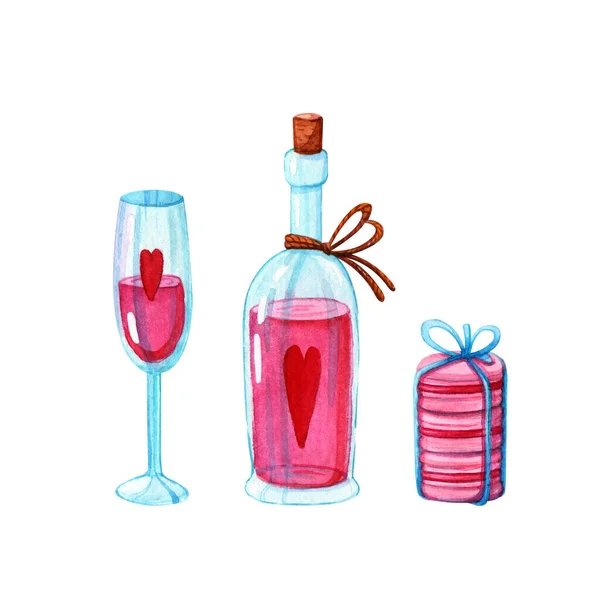 手工绘制的一小群玫瑰酒瓶 有心脏 杯子和金银花 蓝色弓形 白色背景与白色背景隔离 情人节和水彩画概念 — 图库照片