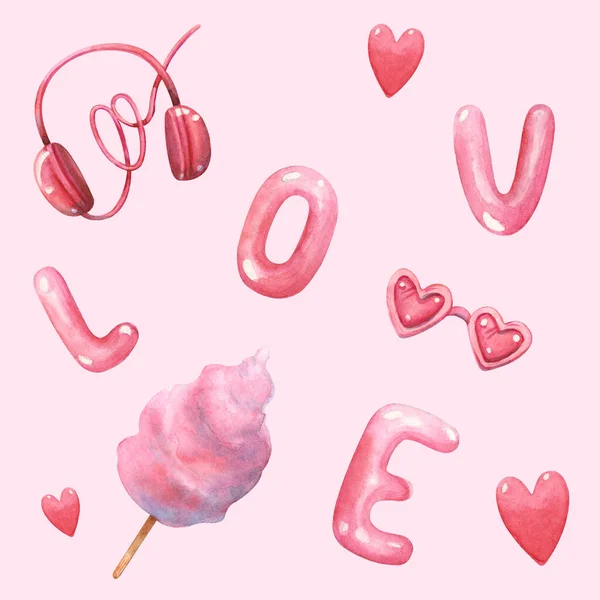 手工绘制的水彩画带糖果牙线 太阳镜 耳机和粉红背景的字母 爱与情人节的概念 — 图库照片