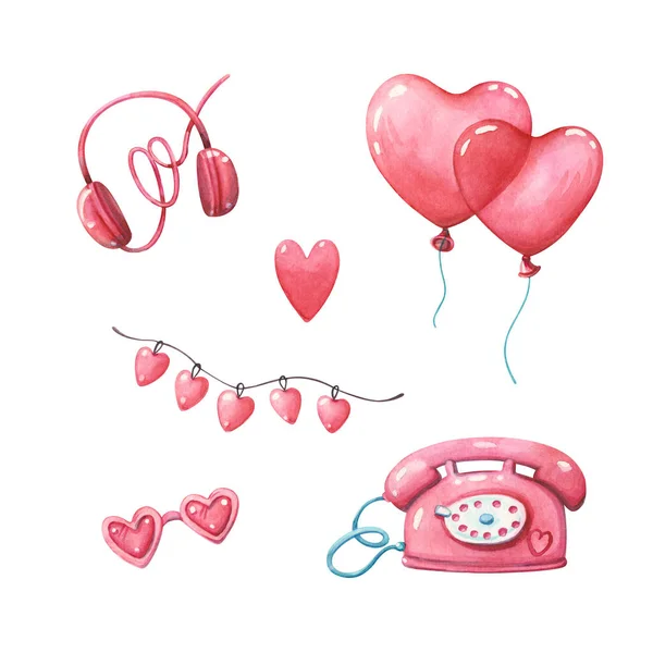 为贴上粉红耳机 心形气球 手机和白色背景眼镜的贴纸或剪贴簿而手绘的一组 情人节设计与水彩画概念 — 图库照片
