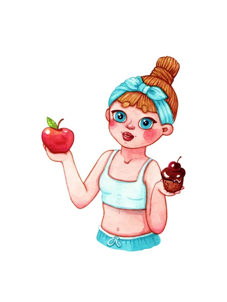手绘水彩画 描述快乐的女孩或年轻女子在红苹果和巧克力蛋糕之间做出的选择 健康饮食 食品和人的概念 — 图库照片