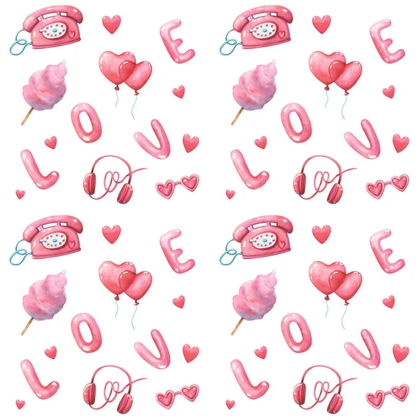 手描きの水彩のシームレスなピンクのパターン白を背景に携帯電話 キャンディフロス ヘッドフォン 心とサングラス 愛とバレンタインデーのコンセプト — ストック写真