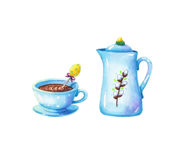 hand drawn watercolor illustration of coffee or tea pot and blue cup with spoon decorated with yellow easter egg isolated on white background. Drinks and holidays