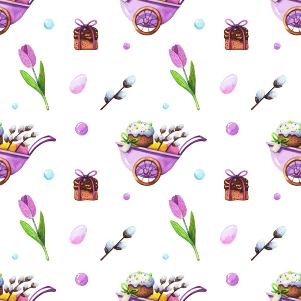 手描きの水彩のイースターケーキのシームレスなパターン ホイールバローとチューリップの花で色の卵や柳の枝は白い背景に隔離された デザイン要素と春 — ストック写真
