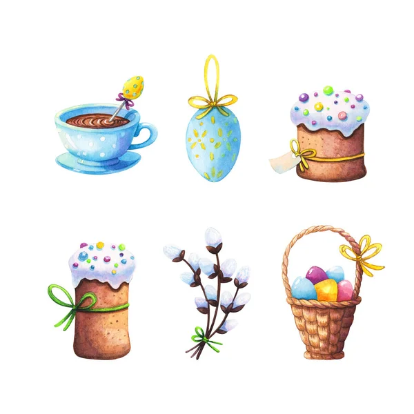 Hand drawn watercolor illustration set of easter eggs in basket, cakes, bunch of willow branches and cup of tea or coffee isolated on white background. Holiday, design elements and spring