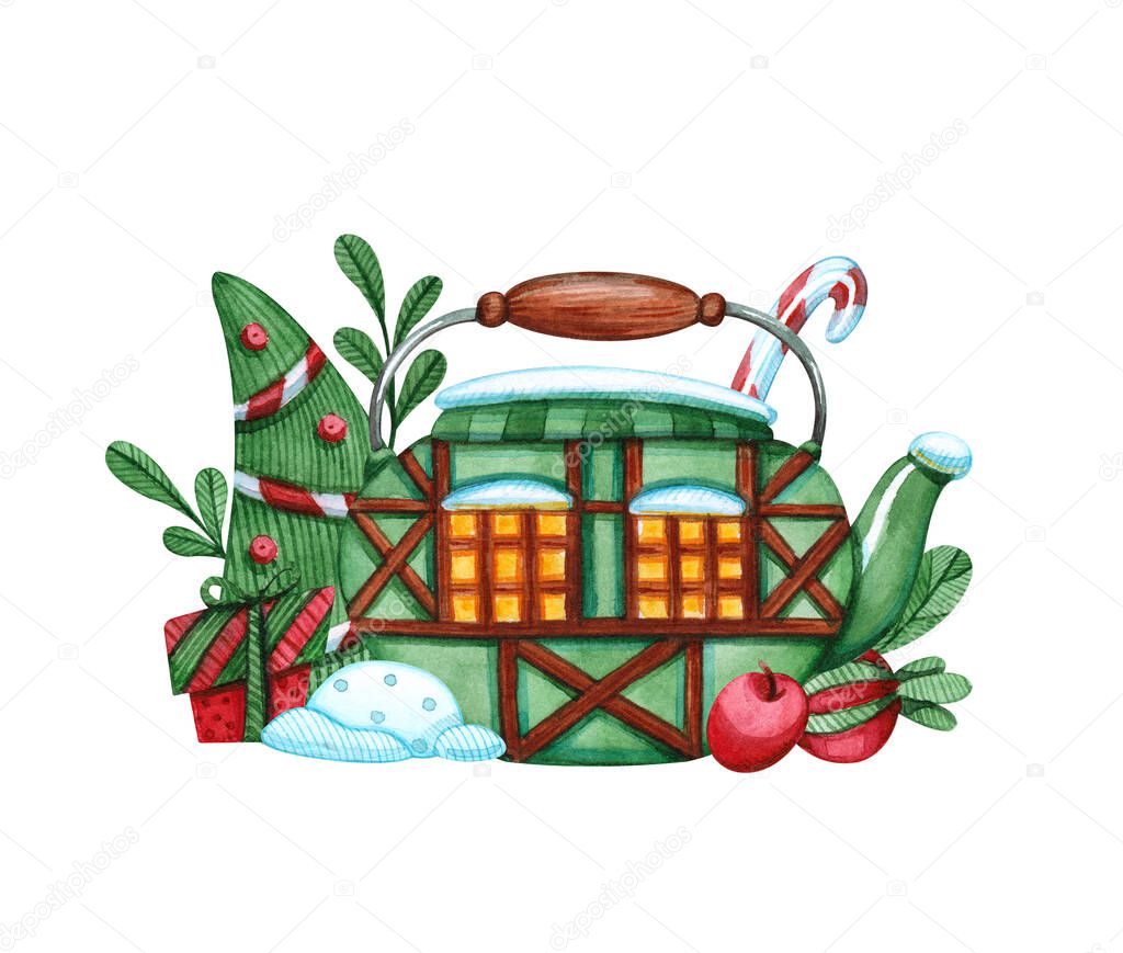 Hand drawn watercolor illustration of green teapot house, candies, garland flags and christmas gift isolated on white. Winter holidays design elements