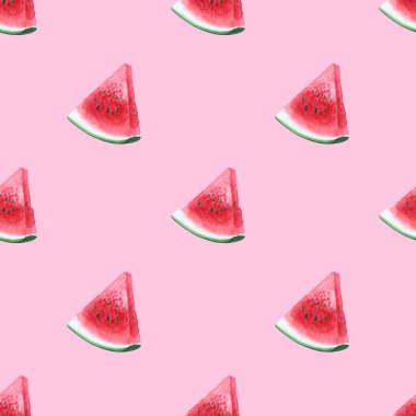 Elle çizilmiş suluboya pembe arka planda karpuz dilimleri. Yaz meyvesi, duvar kağıdı dokusu, arkaplan tasarımı konsepti