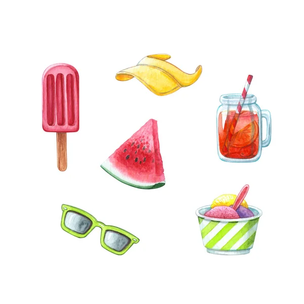 Hand drawn watercolor clipart set of ice cream, watermelon, juice in mason jar glass with visor and sunglasses on isolated white background. Food and summer concept