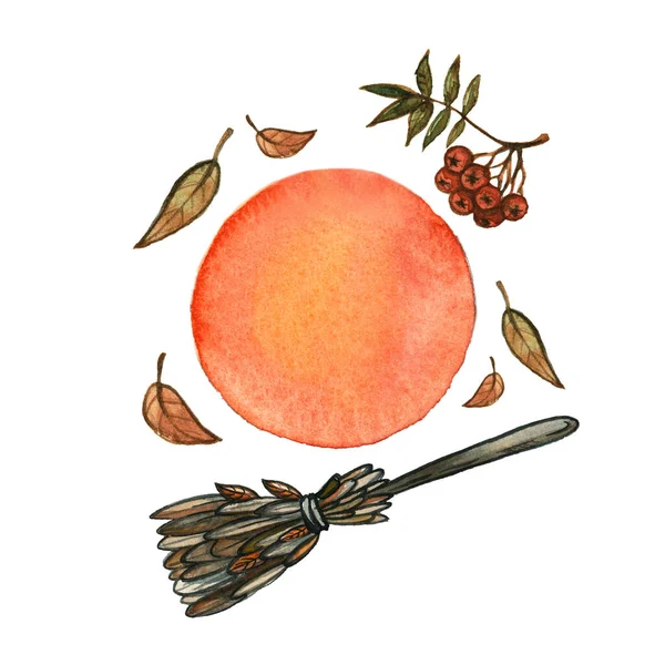 Watercolor Illustration Red Moon Witches Broom Bunch Rowan Berries Autumn — Stock Photo, Image
