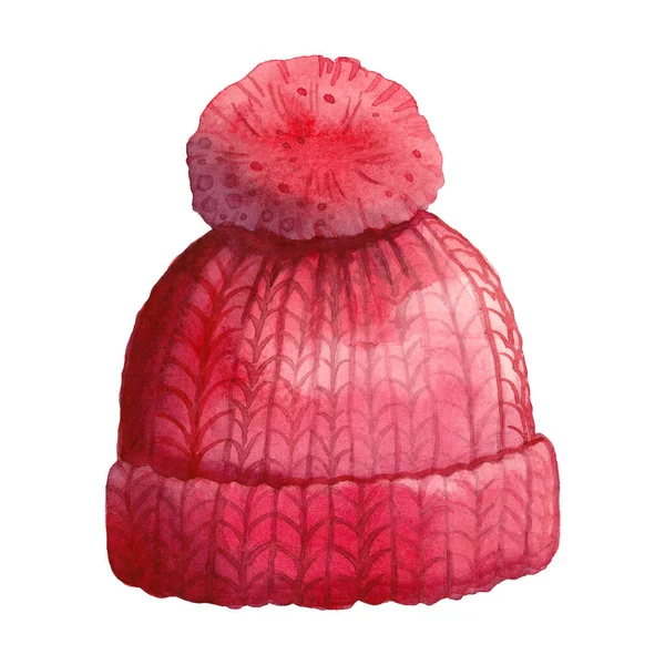 手绘水彩画 羊毛制红色针织帽子 头戴石榴色 白色圣诞 冬衣相隔离 — 图库照片